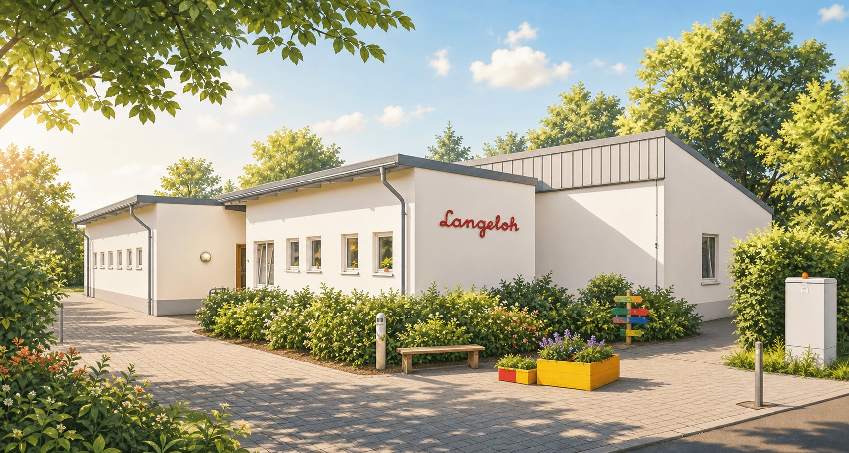Illustration des weißen OGS-Gebäudes der Langeloh-Grundschule